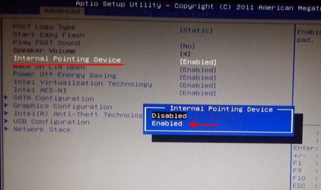 как включить тачпад в биосе